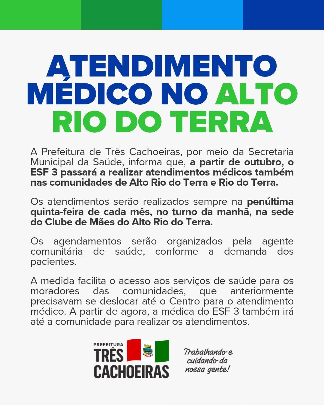 Atendimentos serão realizados mensalmente na sede do Clube de Mães do Alto Rio do Terra. (Foto: Prefeitura Municipal de Três Cachoeiras)