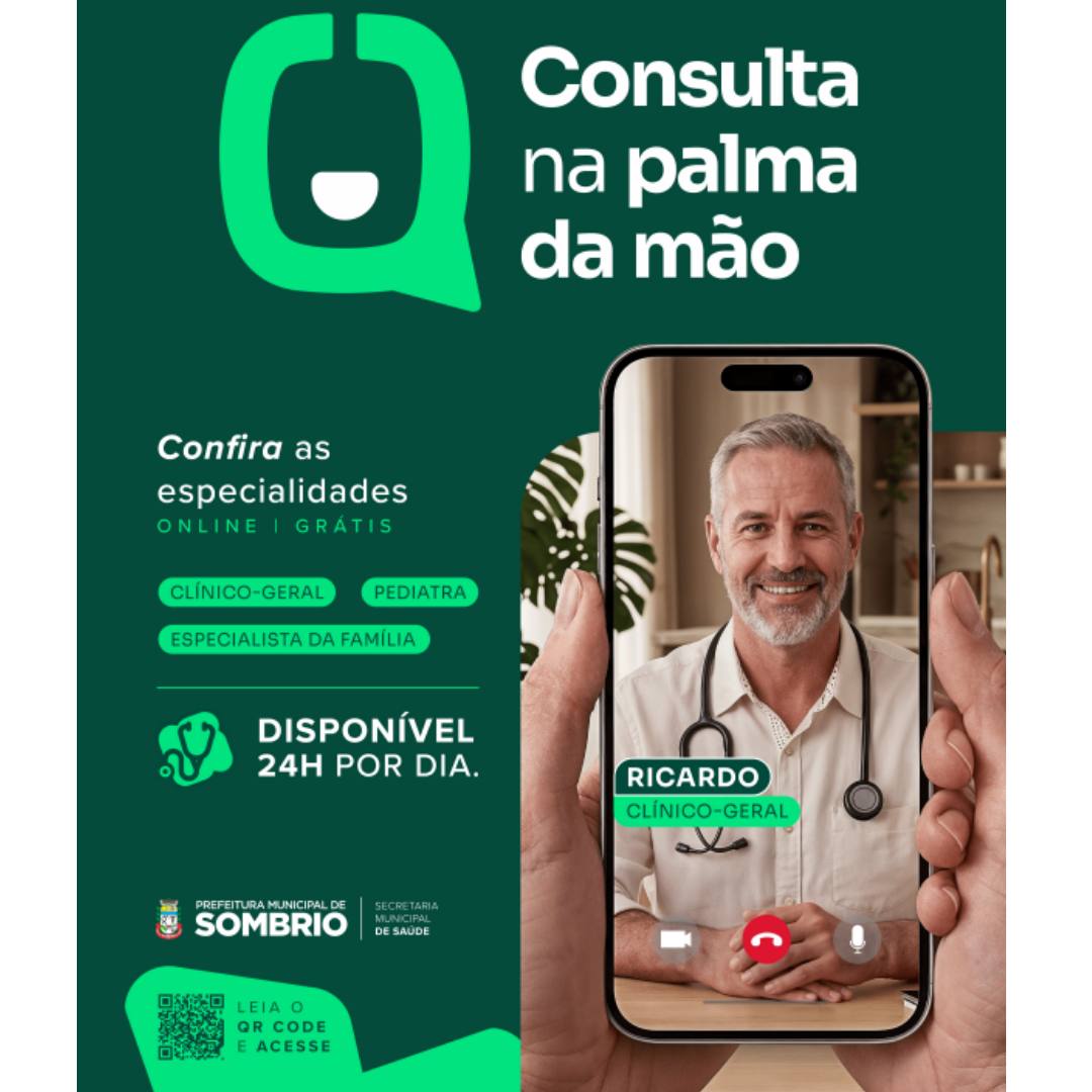 Acesso à plataforma de telemedicina de Sombrio pode ser feito via link direto ou QR Code no site oficial do município. (Foto: Prefeitura Municipal de Sombrio)